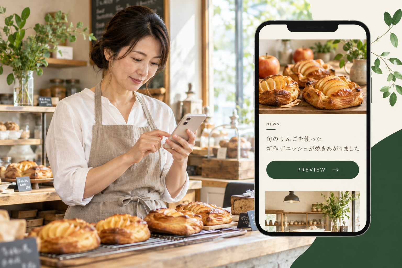 パン屋の店主がスマホで新商品を案内するイメージ