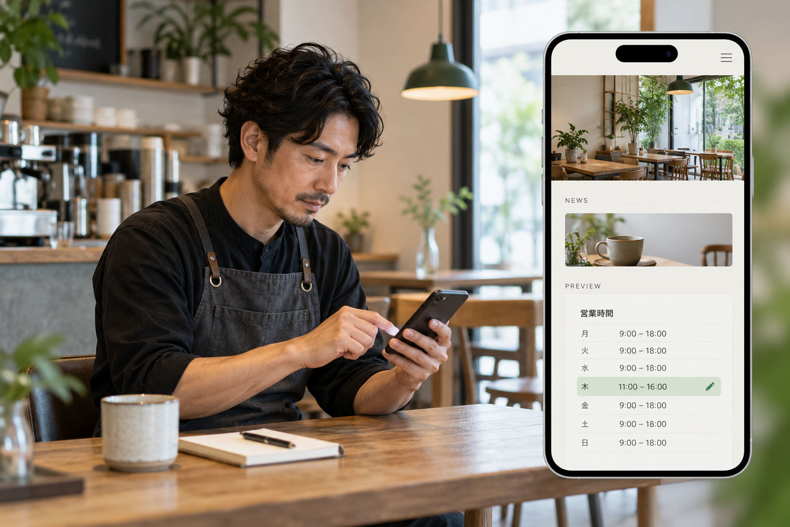 カフェの営業時間：人物とWeb更新画面を組み合わせたAI生成イメージ