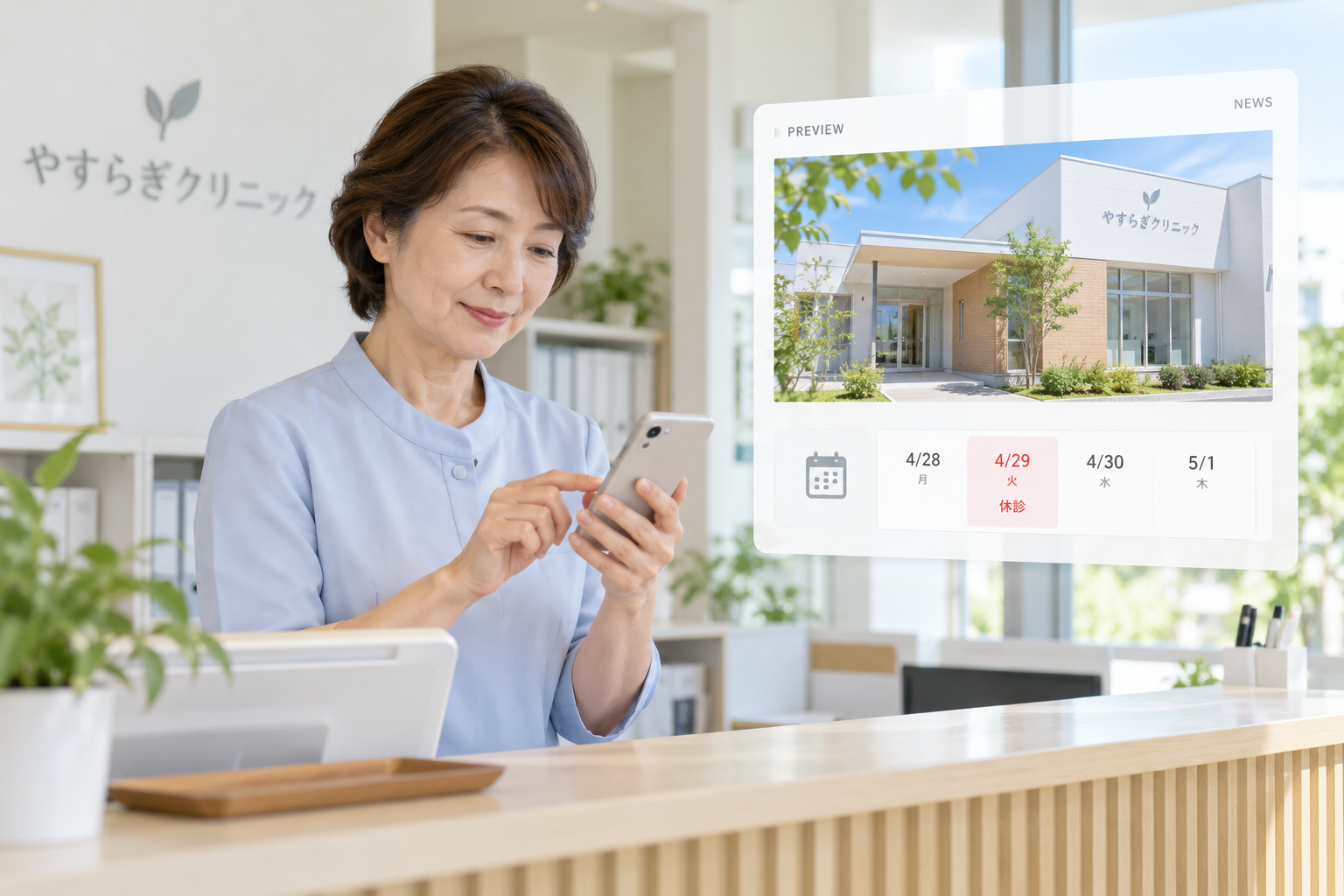 病院の担当者が診療のお知らせを更新するイメージ