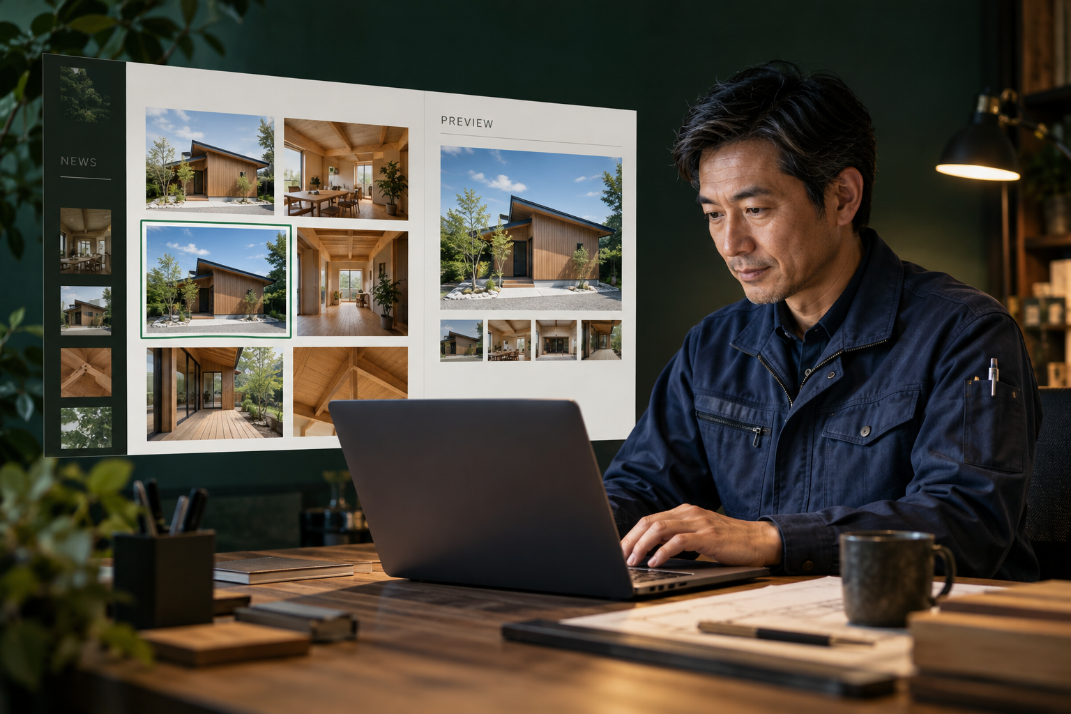 施工会社の担当者がPCで施工実績を編集するイメージ
