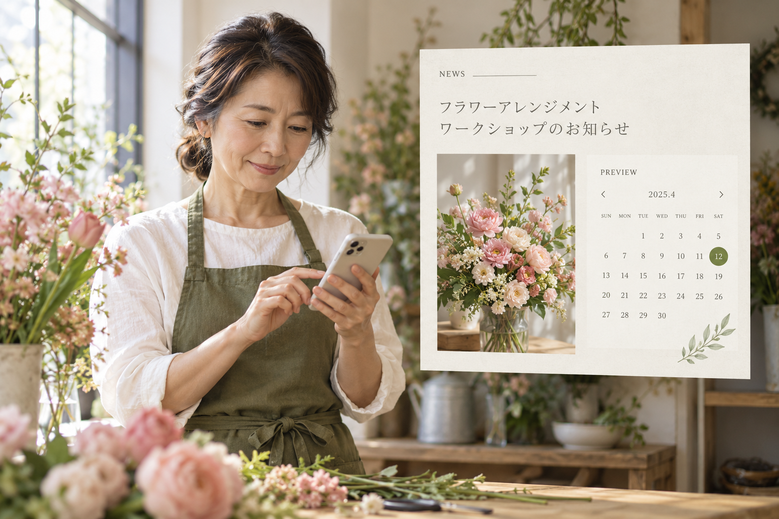 花屋のワークショップ告知：人物とWeb更新画面を組み合わせたAI生成イメージ