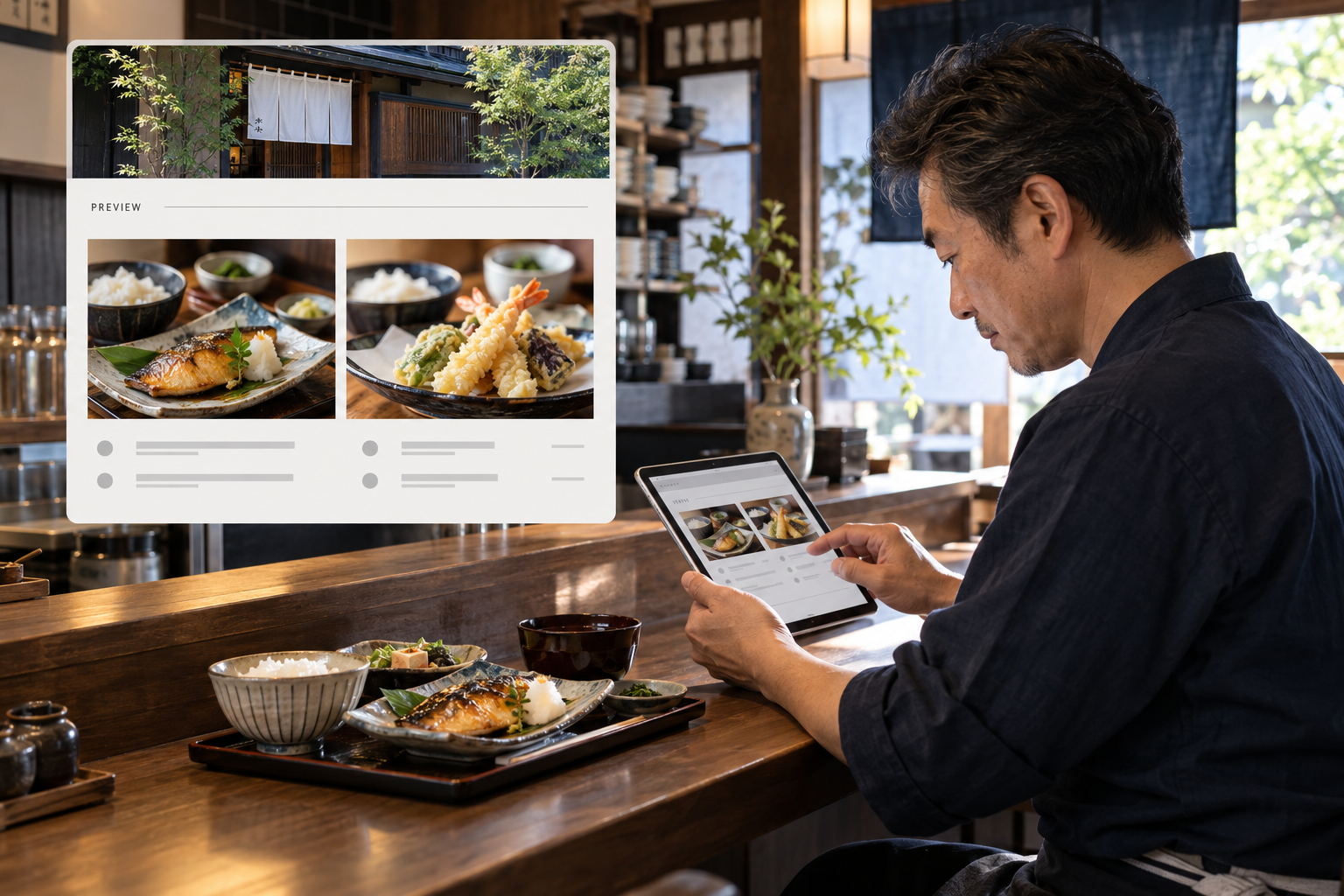 飲食店の店主がタブレットでメニューを更新するイメージ