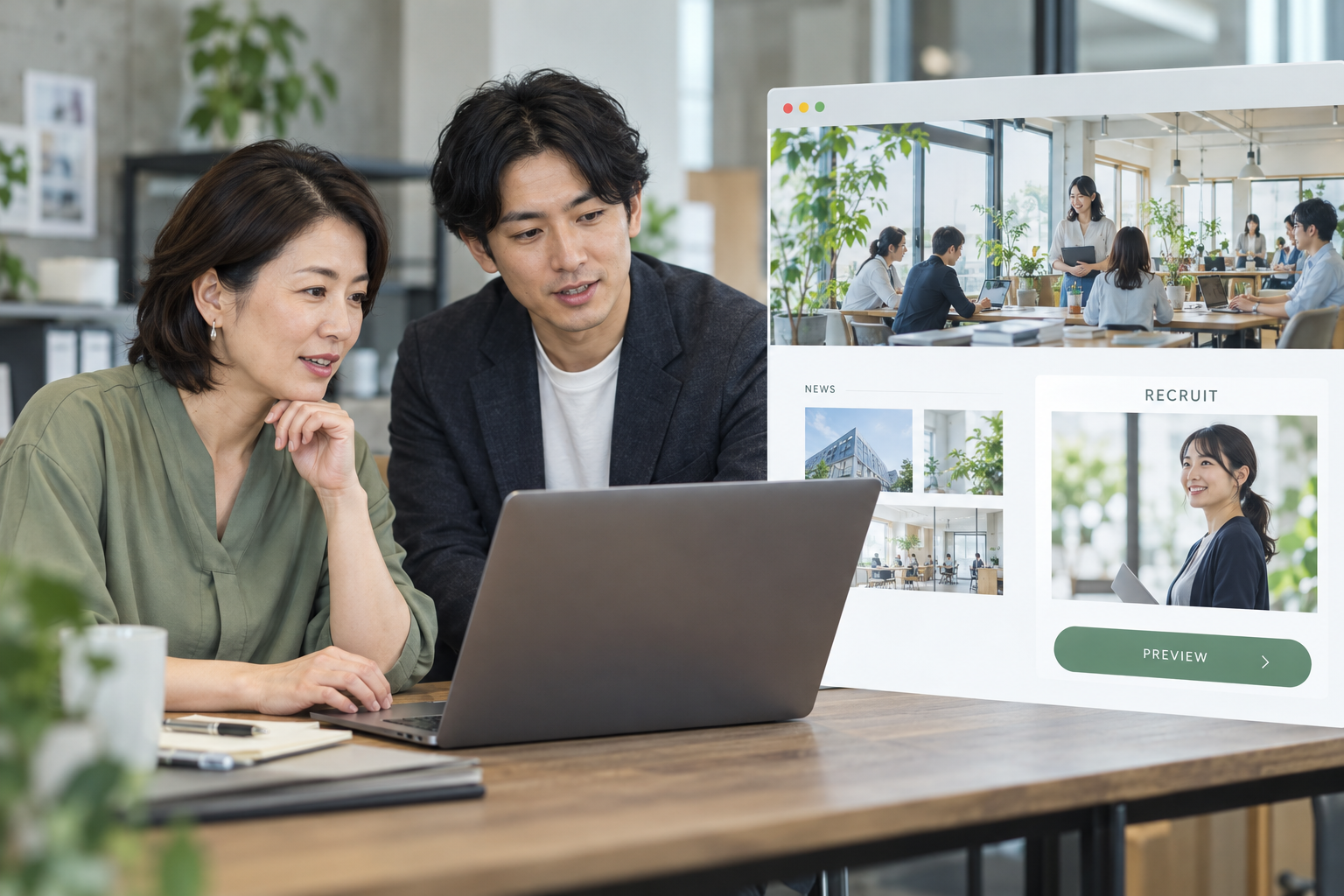 企業の採用情報：人物とWeb更新画面を組み合わせたAI生成イメージ