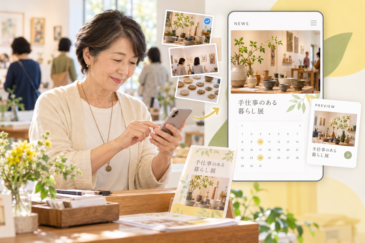 地域イベントを案内：人物とWeb更新画面を組み合わせたAI生成イメージ